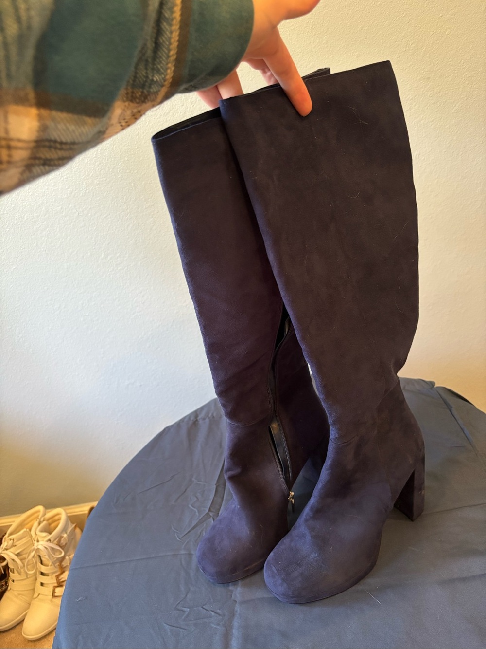 Chic Navy Blue Faux Suede Knee-High Block Heel Boots - Size 8